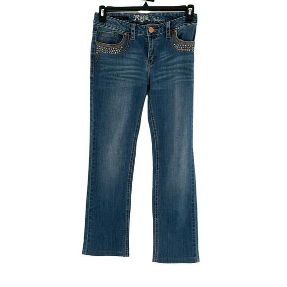 Wrangler Rock 47 Jeans Women Sz 28X30 Low Rise Rhinestone Pockets Whiskers Denim - Picture 1 of 12